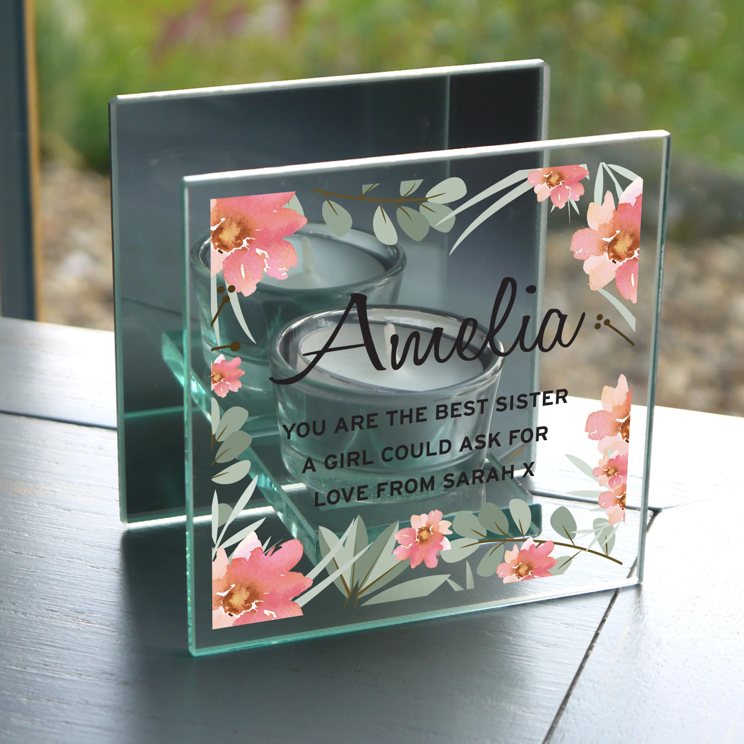 Personalised Floral Sentimental Design Mirrored Glass Tea Light Candle Holder - Image 3