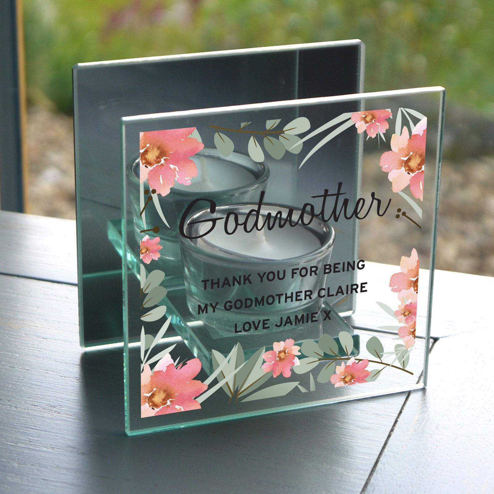 P1007D23 Personalised Floral Sentimental Design Mirrored Glass Tea Light Candle Holder Personalised Floral Sentimental Design Mirrored Glass Tea Light Candle Holder - Image 1
