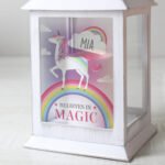 Personalised Unicorn Design Rustic White Plastic Light-up Lantern - Image 2