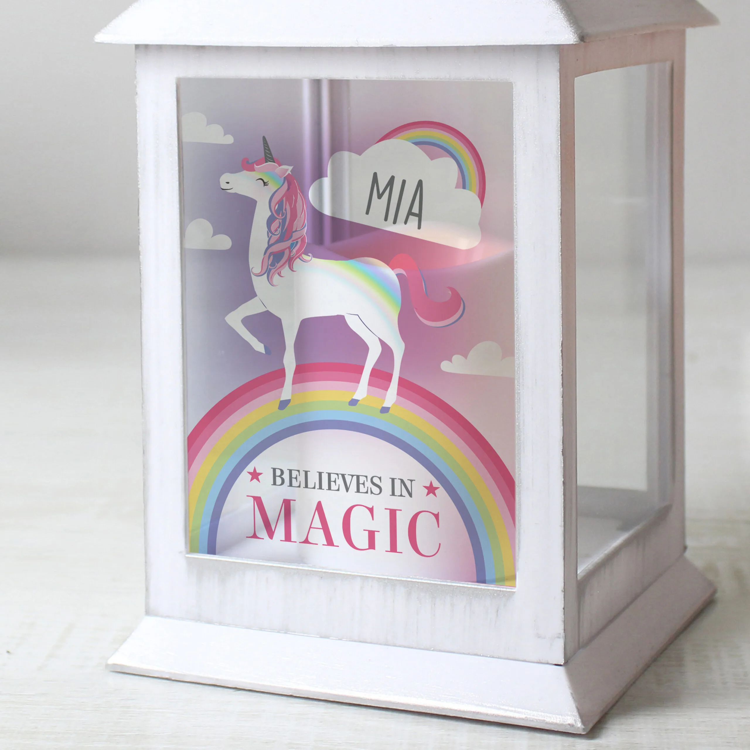 Personalised Unicorn Design Rustic White Plastic Light-Up Lantern - Image 2
