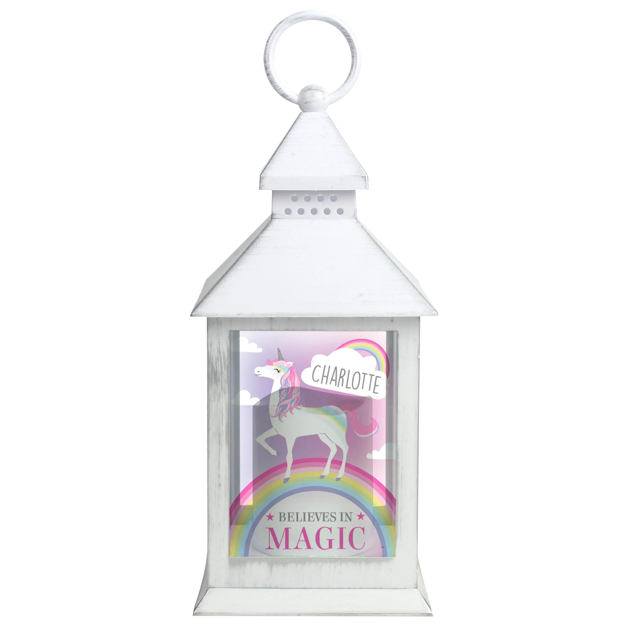 Personalised Unicorn Design Rustic White Plastic Light-Up Lantern - Image 4