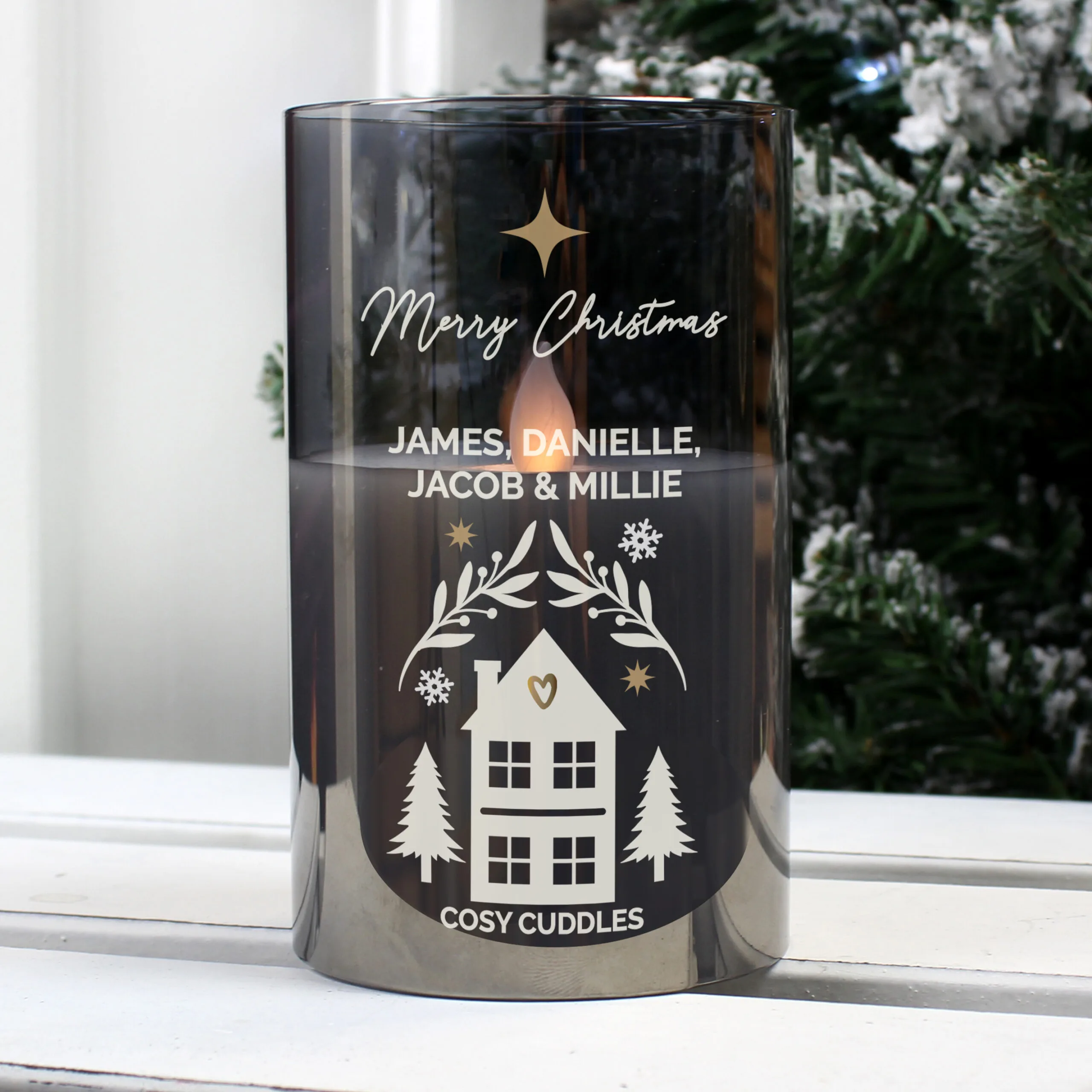 Personalised Christmas Themed Smoked Glass LED Pillar Candle - Image 3
