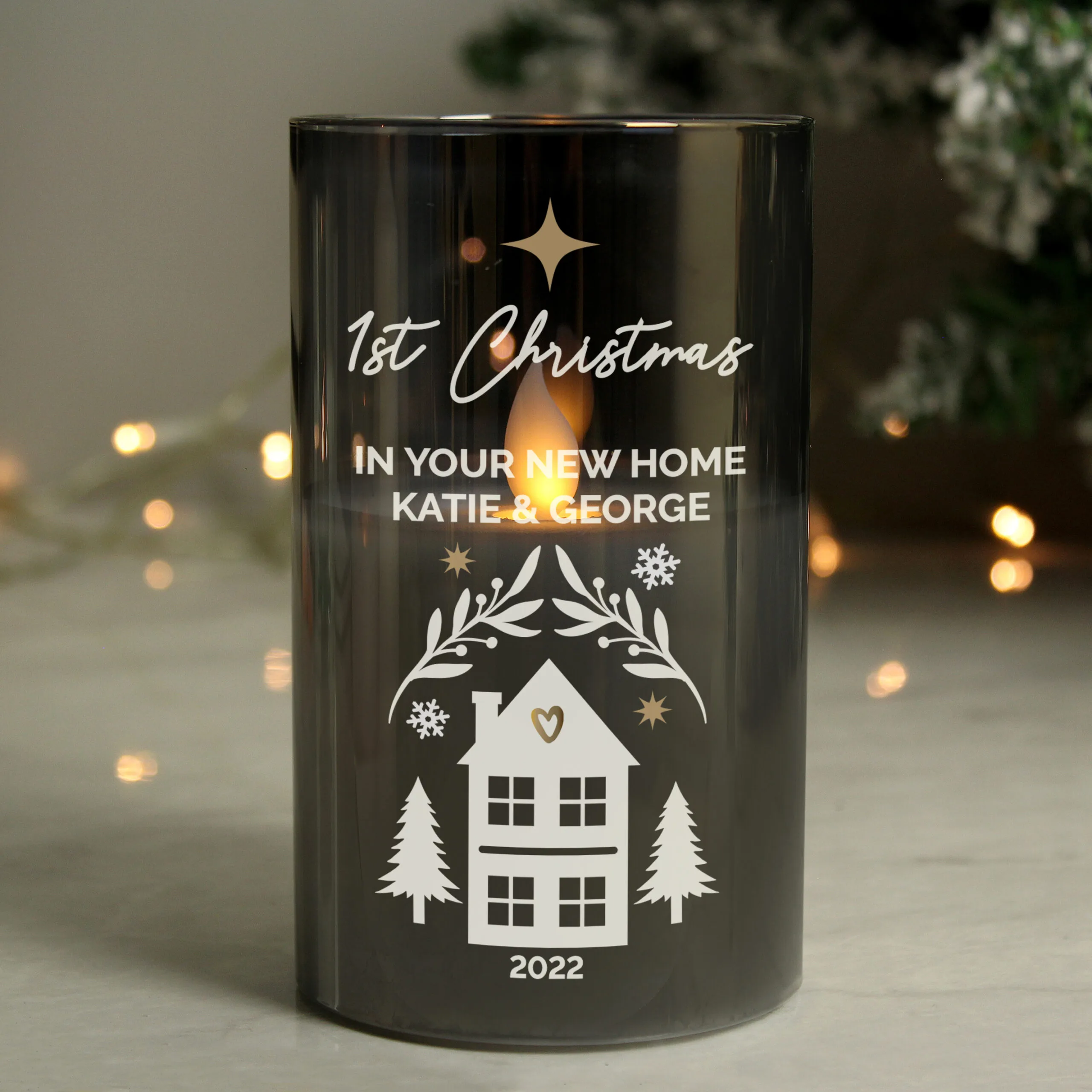 Personalised Christmas Themed Smoked Glass LED Pillar Candle - Image 4