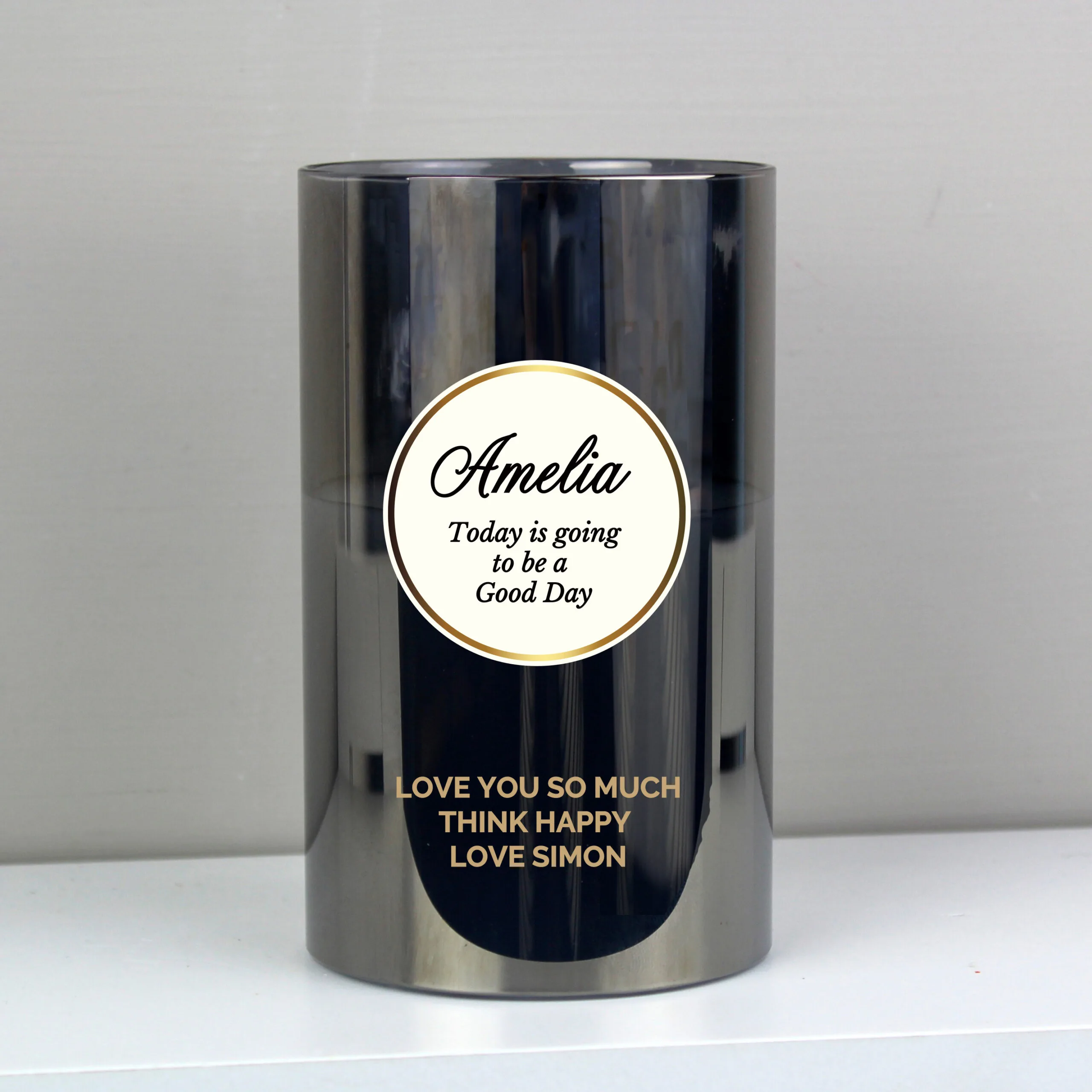 Personalised Any Message Opulent Design Smoked Glass LED Pillar Candle - Image 2