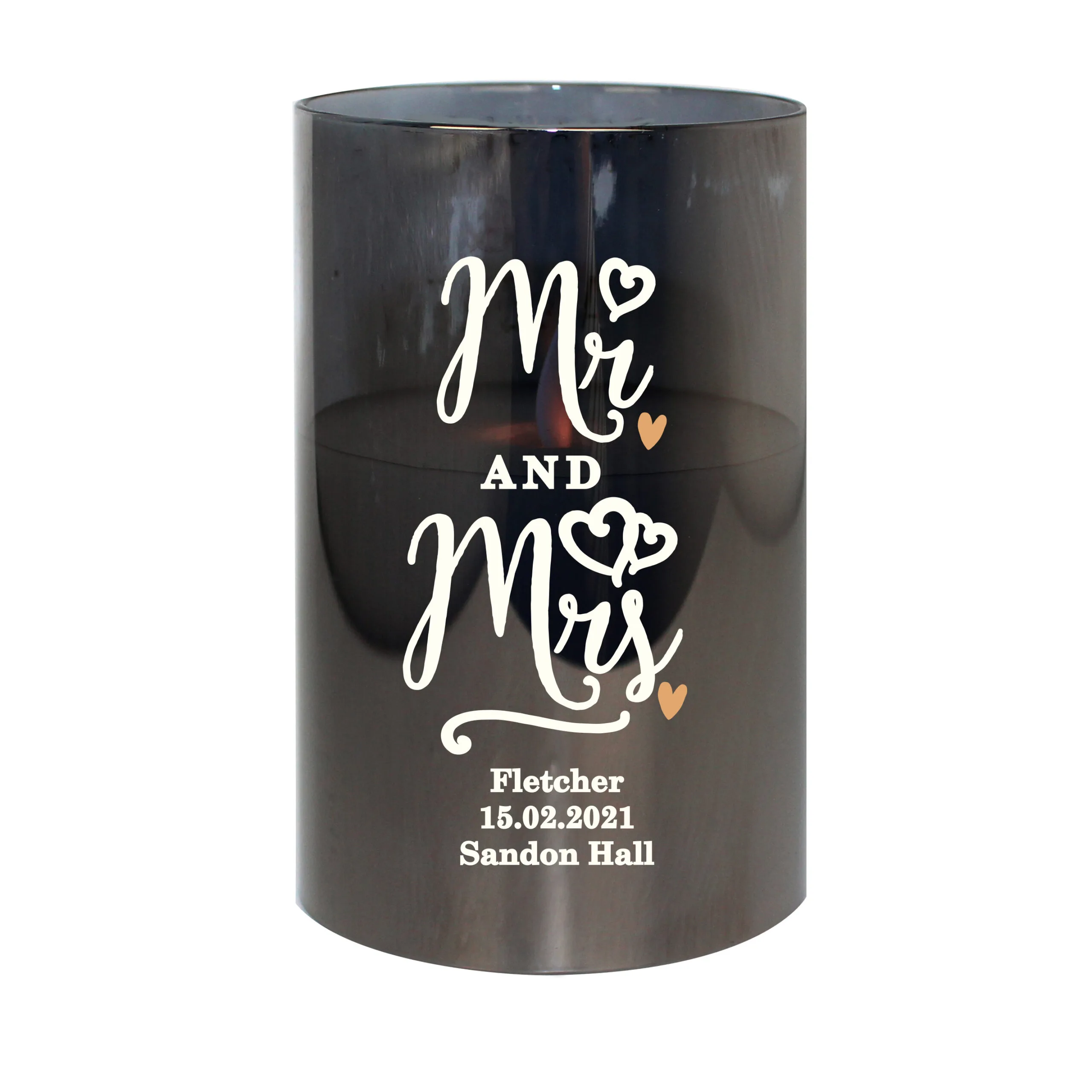 Personalised 'Mr And Mrs' Hearts Motif Smoked Glass LED Pillar Candle - Image 3