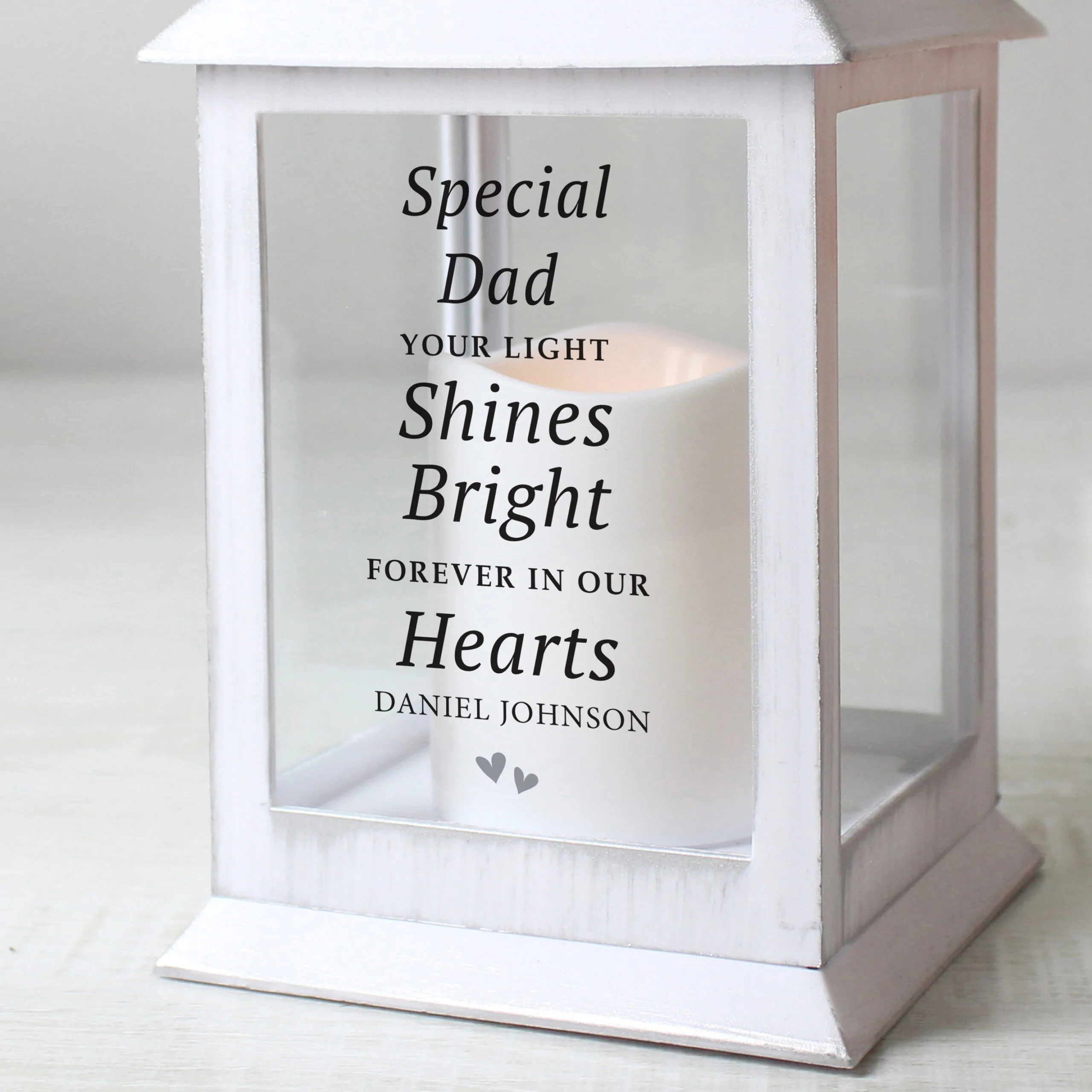 Personalised 'Your Light Shines Bright' Memorial Rustic White Plastic Light-Up Lantern - Image 2