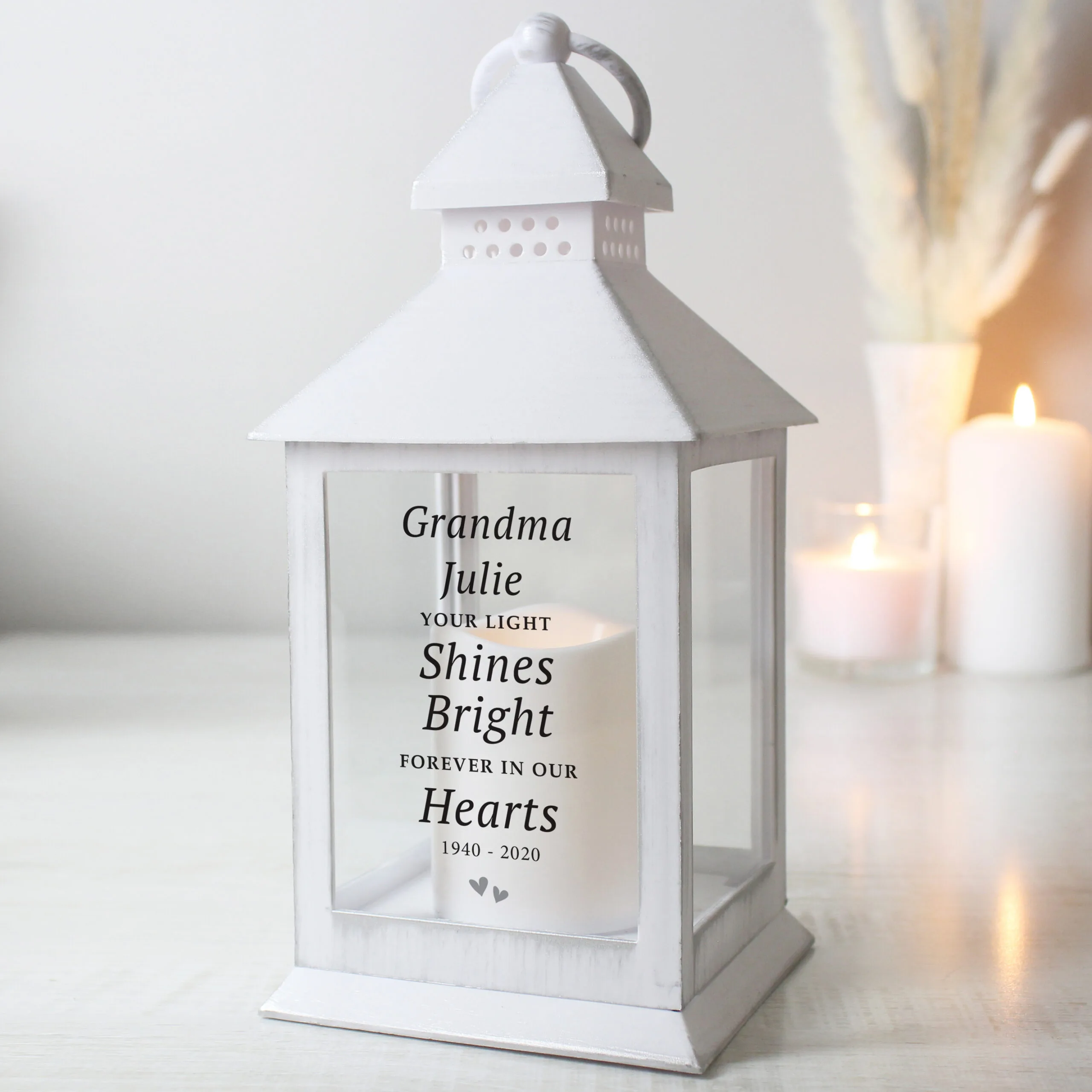 Personalised 'Your Light Shines Bright' Memorial Rustic White Plastic Light-Up Lantern - Image 3