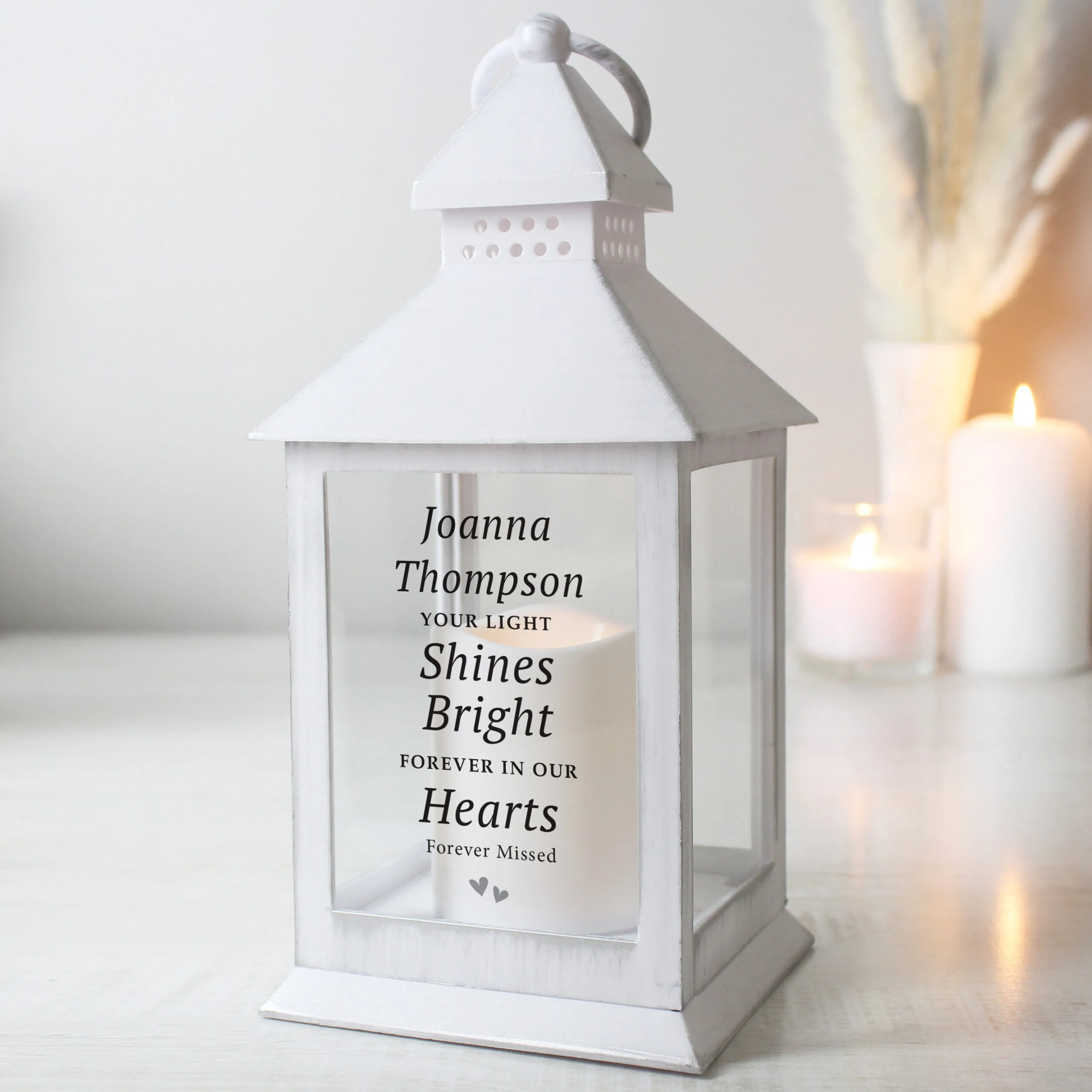 Personalised 'Your Light Shines Bright' Memorial Rustic White Plastic Light-Up Lantern - Image 4