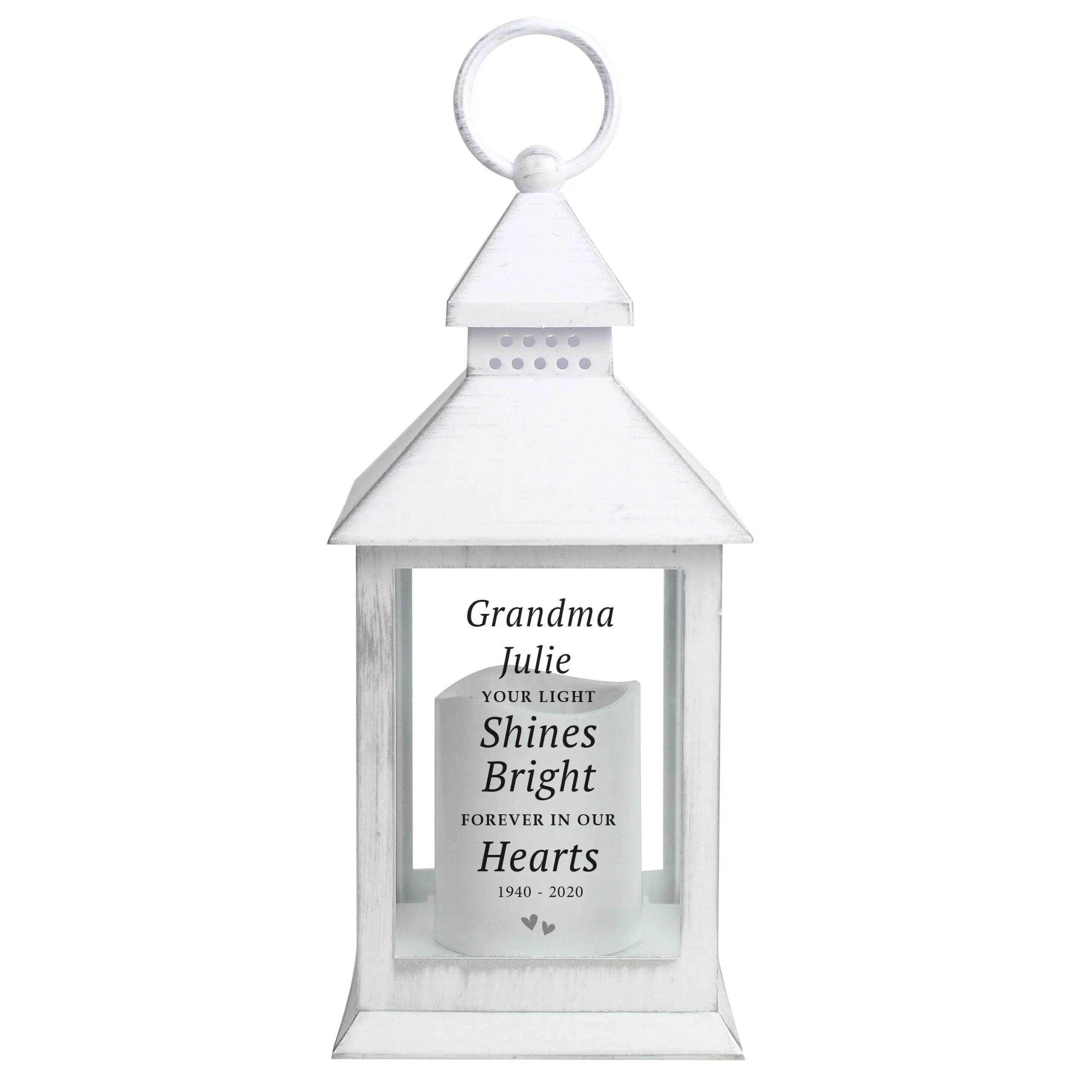 Personalised 'Your Light Shines Bright' Memorial Rustic White Plastic Light-Up Lantern - Image 5