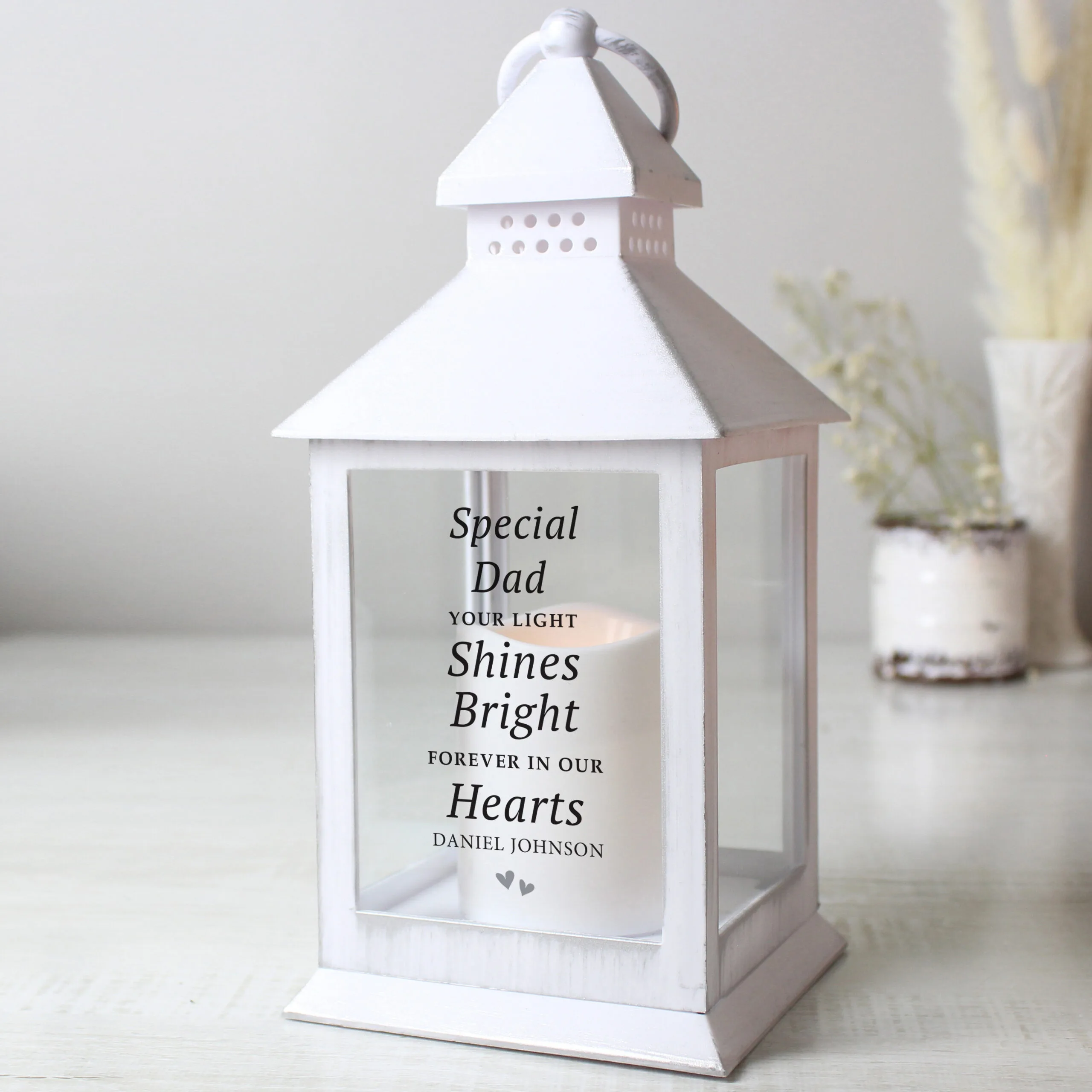 P1007D52 Personalised 'Your Light Shines Bright' Memorial Rustic White Plastic Light-up Lantern Personalised 'Your Light Shines Bright' Memorial Rustic White Plastic Light-Up Lantern - Image 1