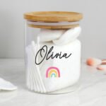 Personalised Rainbow Motif Glass Storage Jar with Bamboo Lid