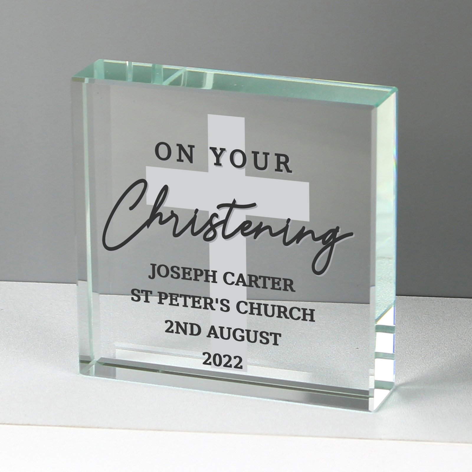 P1007D88 Personalised 'On Your Christening' Cross Motif Crystal Glass Token Personalised 'On Your Christening' Cross Motif Crystal Glass Token - Image 1