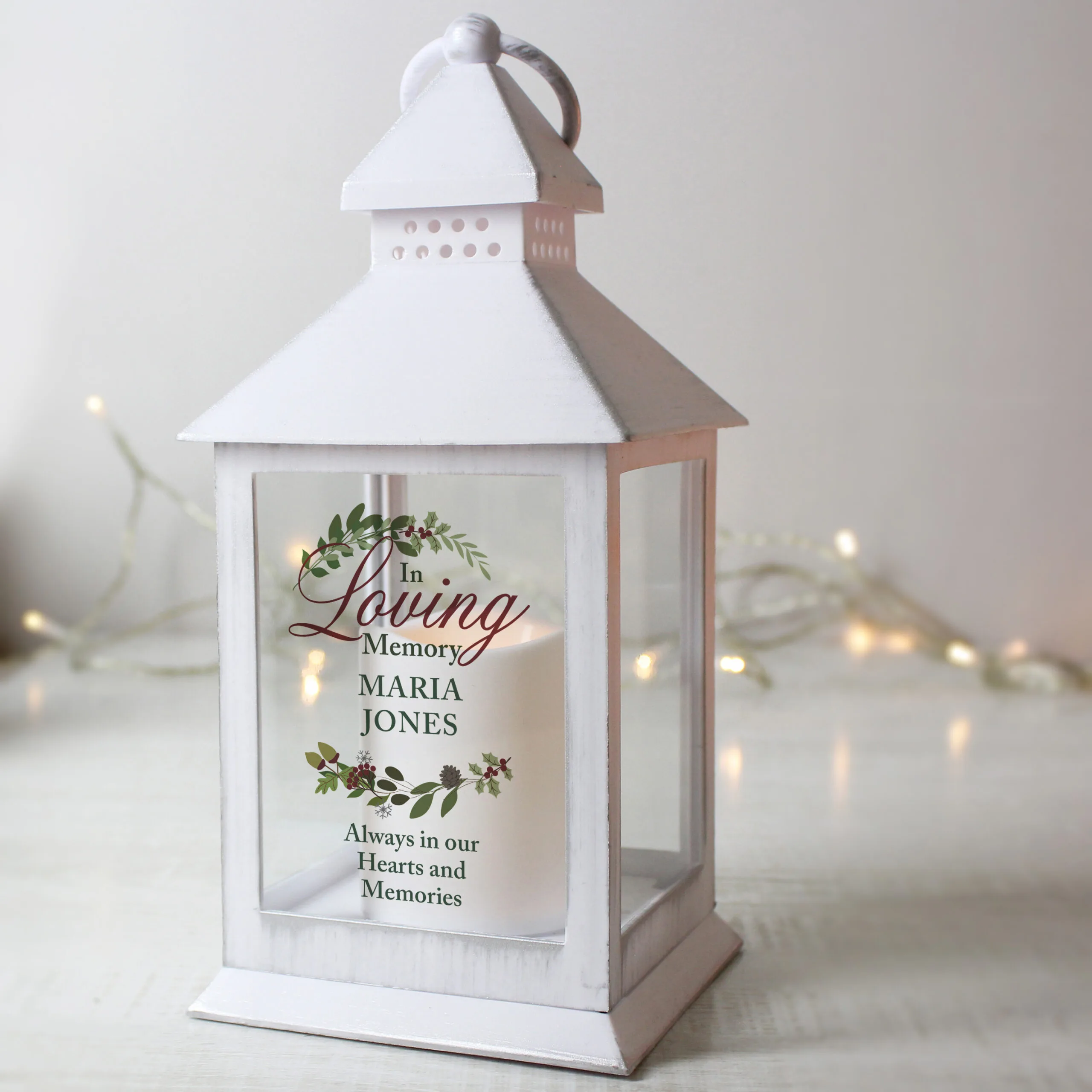 Personalised 'In Loving Memory' Rustic White Plastic Light-Up Lantern - Image 3