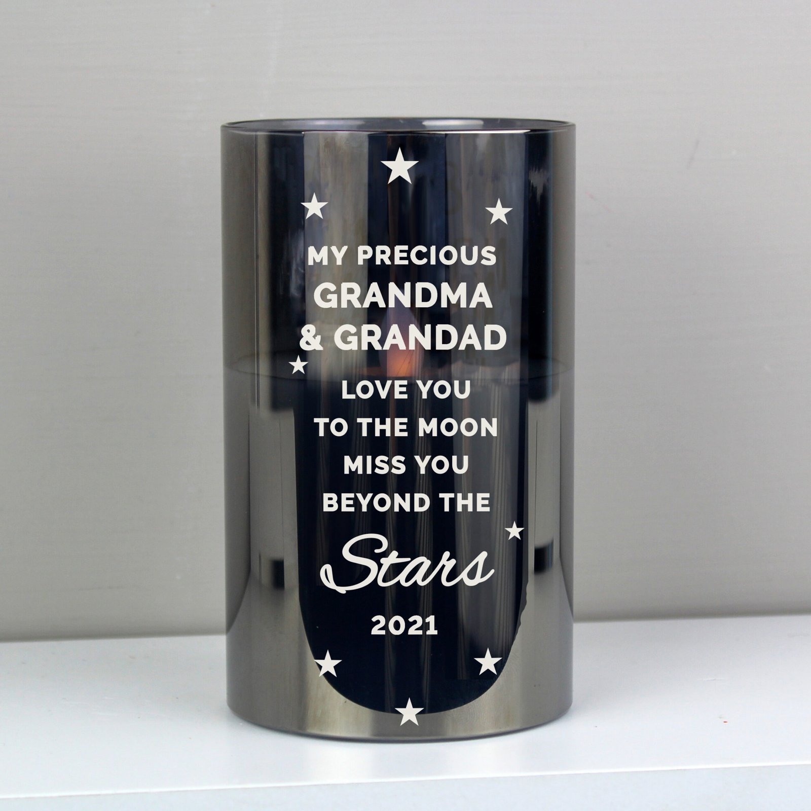 P1007D92 Personalised 'Miss You Beyond The Stars' Smoked Glass LED Pillar Candle Personalised 'Miss You Beyond The Stars' Smoked Glass LED Pillar Candle - Image 1