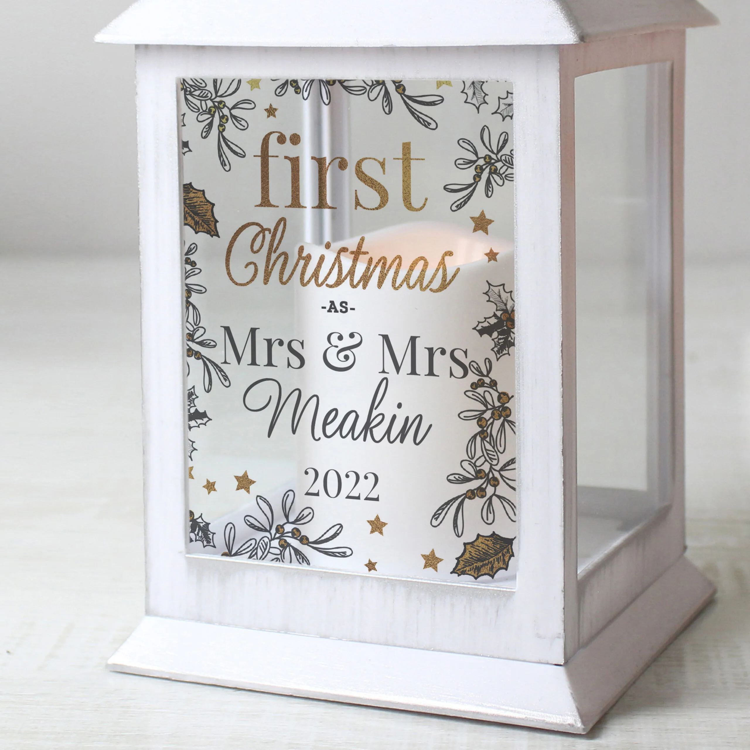 Personalised 'First Christmas' Rustic White Plastic Light-Up Lantern - Image 4