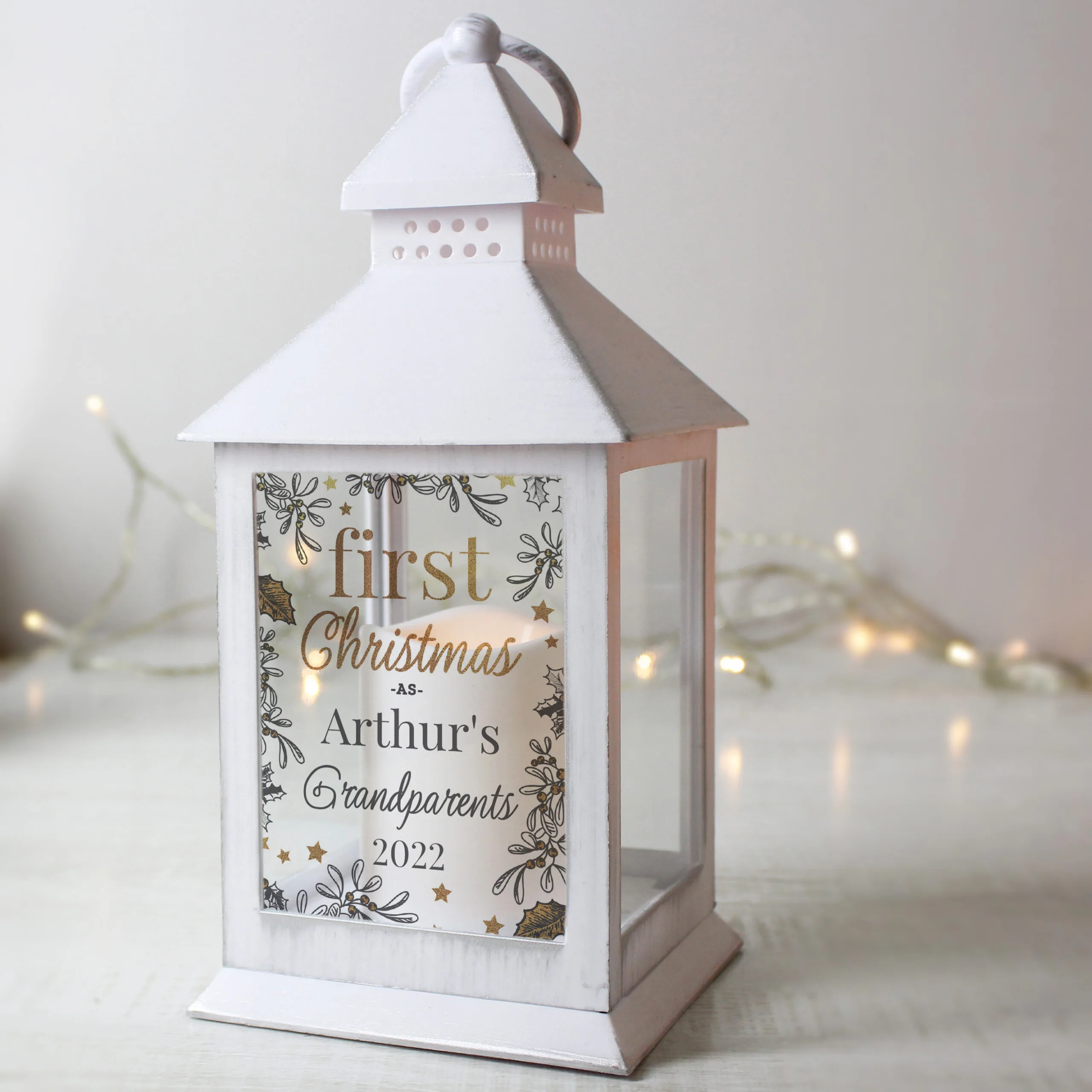 Personalised 'First Christmas' Rustic White Plastic Light-Up Lantern - Image 5