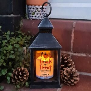 P1007D95 Personalised 'Trick or Treat' Halloween Rustic Black Plastic Light-up Lantern 2