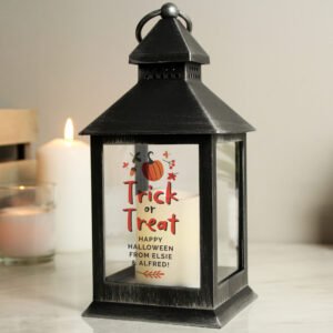 P1007D95 Personalised 'Trick or Treat' Halloween Rustic Black Plastic Light-up Lantern