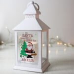 Personalised 'Santa Please Stop Here' Christmas Rustic White Plastic Light-up Lantern