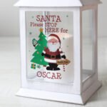 Personalised 'Santa Please Stop Here' Christmas Rustic White Plastic Light-up Lantern - Image 2