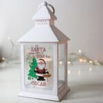Personalised 'Santa Please Stop Here' Christmas Rustic White Plastic Light-up Lantern - Image 3
