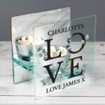 Personalised 'Love' Botanical Design Mirrored Glass Tea Light Candle Holder