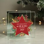 Personalised Christmas Holly Design Glass Tea Light Candle Holder - Image 3