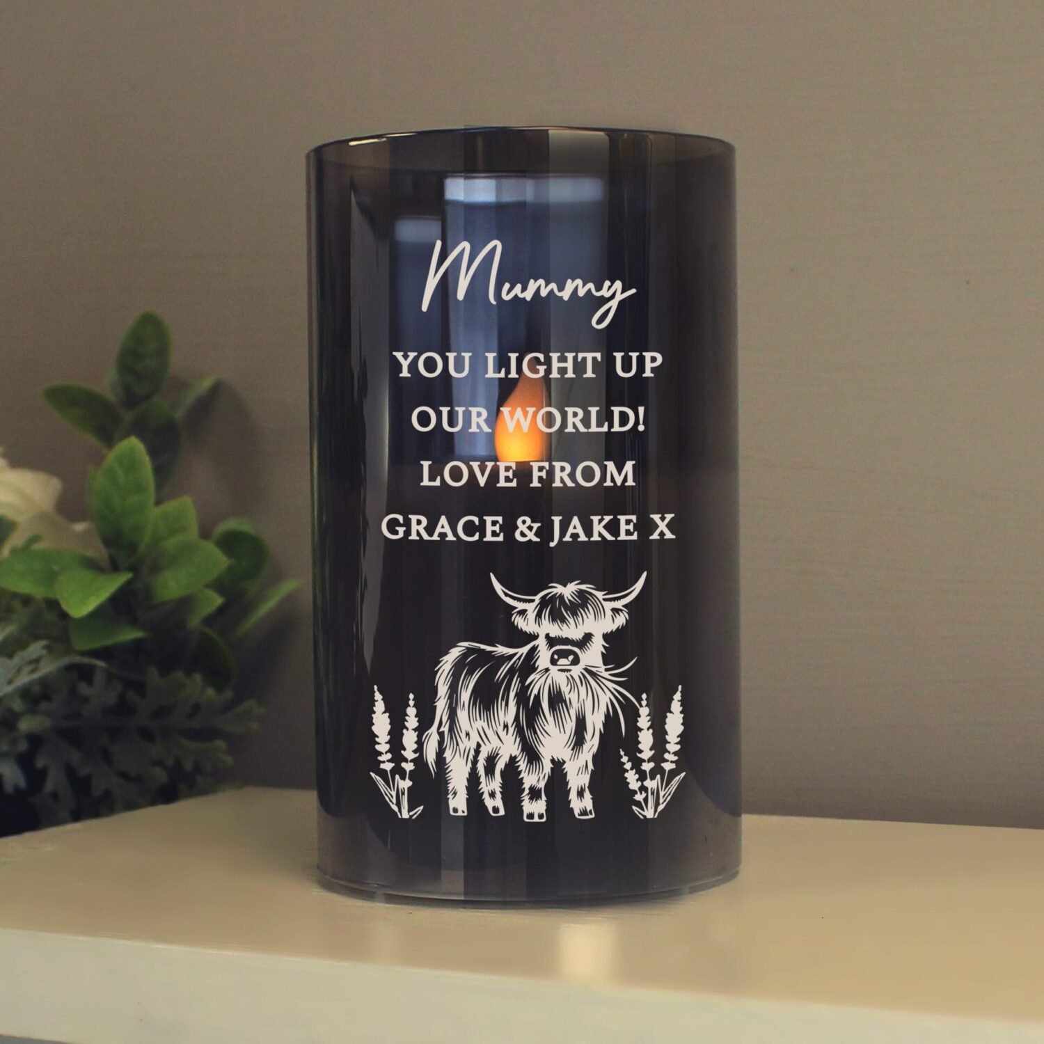 P1007E69 Personalised Highland Cow Design Frosted Glass LED Light-Up Pillar Candle Personalised Highland Cow Design Frosted Glass LED Light-Up Pillar Candle - Image 1