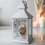 Personalised Botanical Design Memorial Photo Upload Rustic White Plastic Light-up Lantern