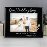 Personalised Any Message Heart Motif 7x5 Landscape Black Glass Photo Frame