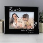 Personalised Any Message Heart Motif 7x5 Landscape Black Glass Photo Frame - Image 2
