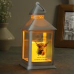 Personalised Highland Cow Motif Rustic White Plastic Light-up Lantern - Image 2