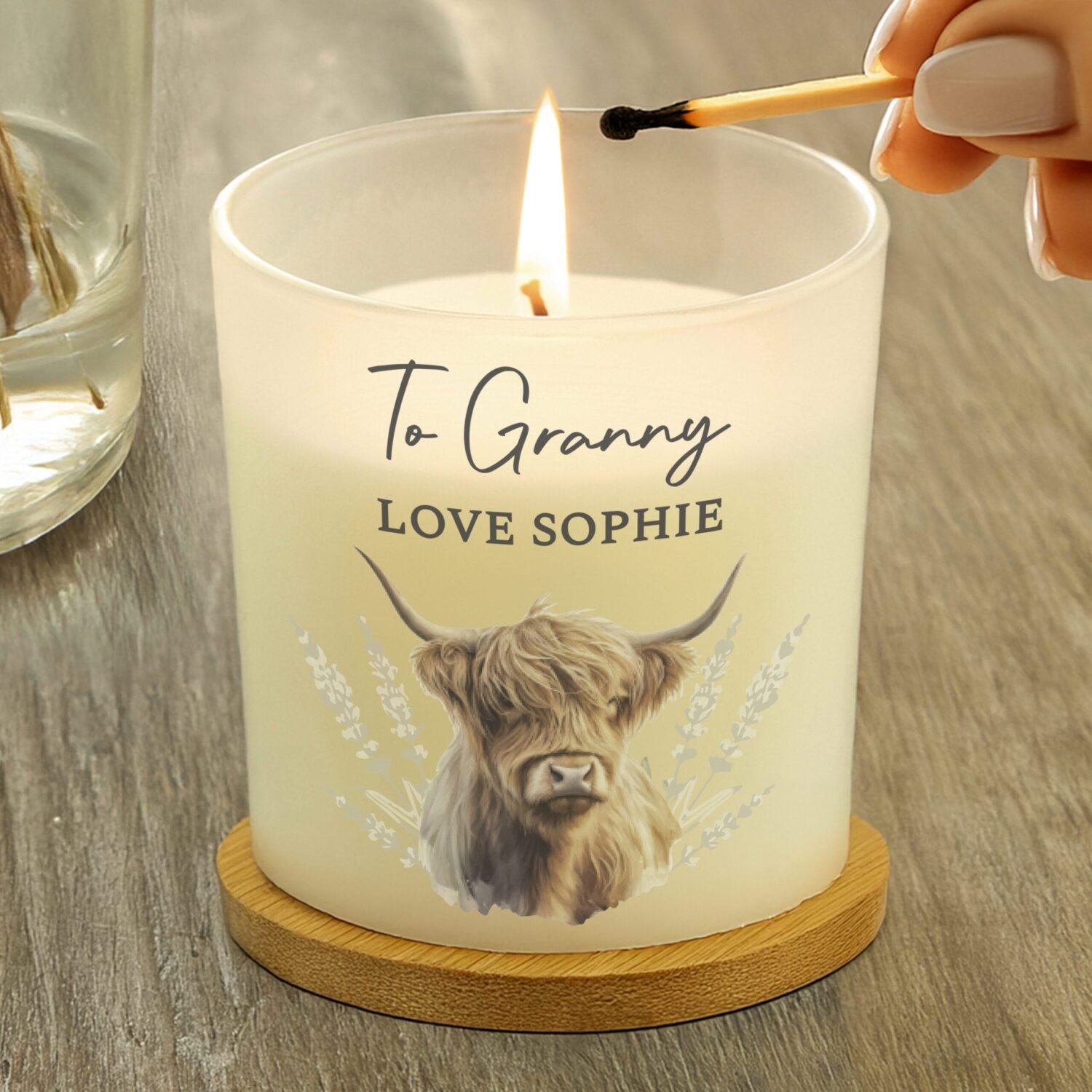 P1007F95 Personalised Highland Cow Design Frosted Glass Candle Personalised Highland Cow Design Scented Frosted Glass Candle - Image 1
