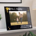 Personalised Trophy & Football Motif 7x5 Landscape Black Glass Photo Frame - Image 2