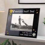 Personalised Trophy & Football Motif 7x5 Landscape Black Glass Photo Frame - Image 3