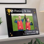 Personalised Trophy & Football Motif 7x5 Landscape Black Glass Photo Frame - Image 5