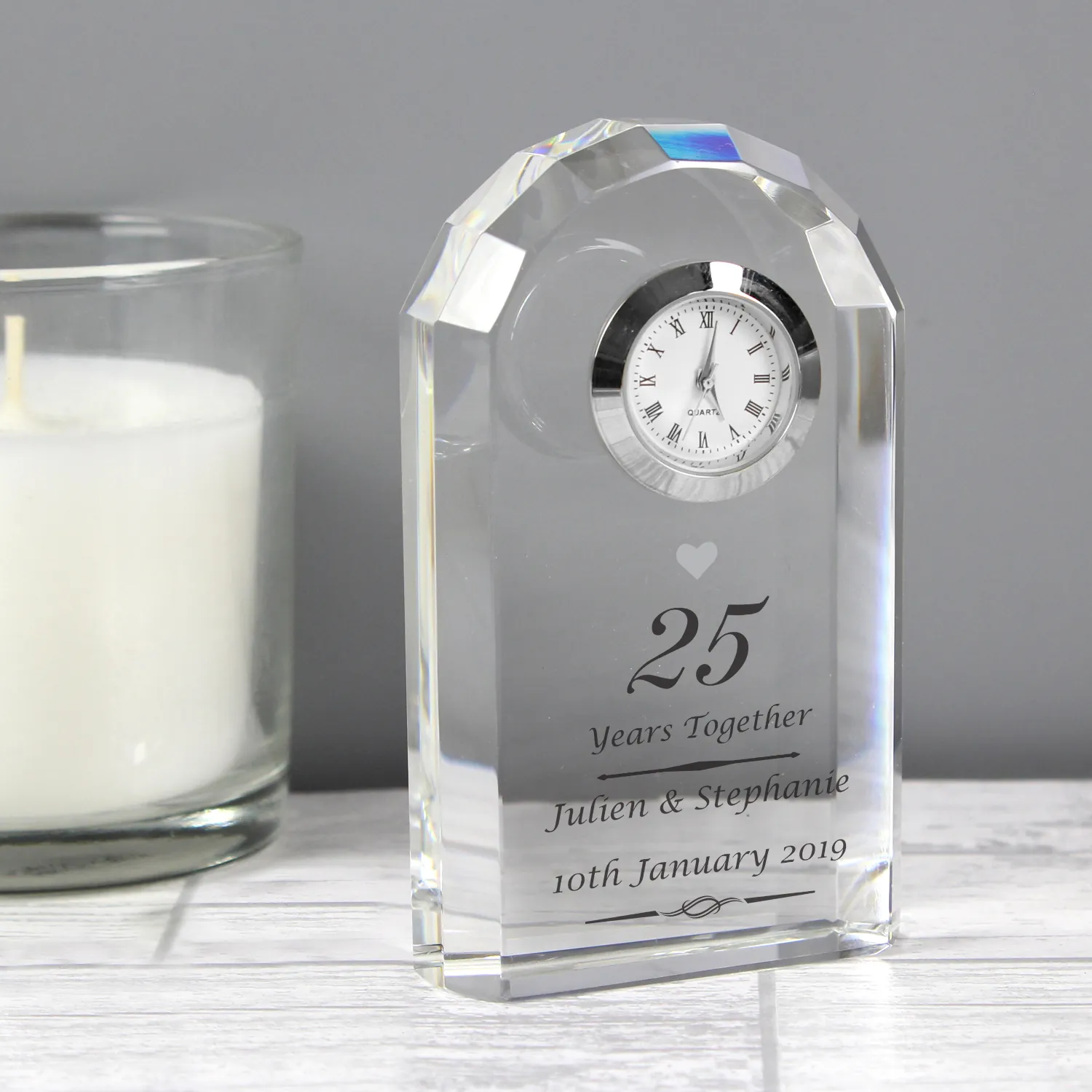P100821 Personalised '25 Years Together' Anniversary Silver Heart Motif Crystal Glass Mantel Clock Personalised '25 Years Together' Anniversary Silver Heart Motif Crystal Glass Mantel Clock - Image 1