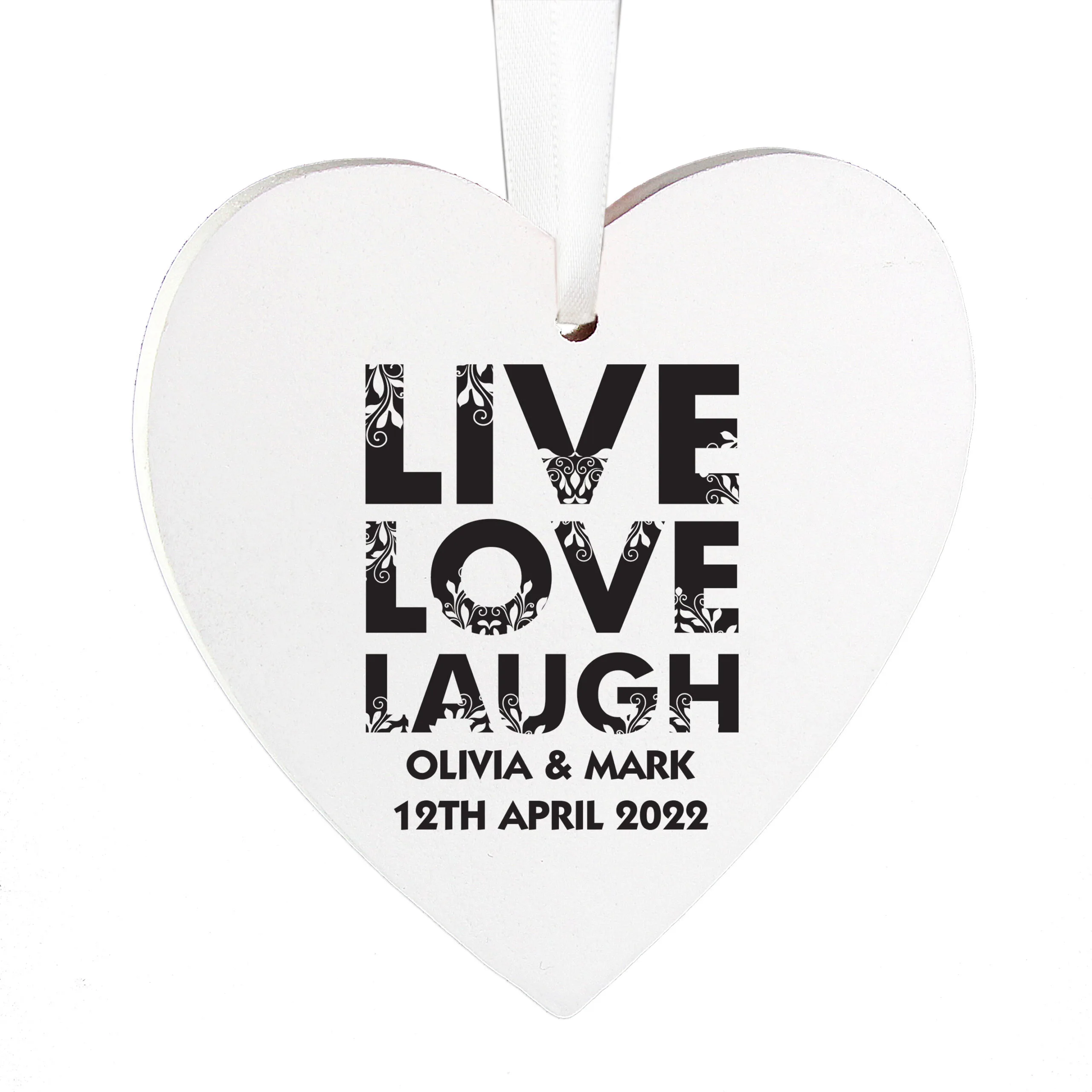 Personalised 'Live Love Laugh' Hanging Wooden Heart Decoration - Image 3