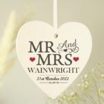 Personalised 'Mr And Mrs' Hearts Motif Hanging Wooden Heart Decoration