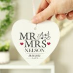 Personalised 'Mr And Mrs' Hearts Motif Hanging Wooden Heart Decoration - Image 2