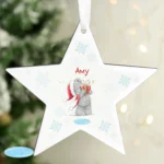Personalised Me to You Bear Holding Christmas Present Hanging Wooden Star Decoration - Image 2