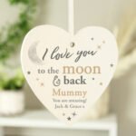 Personalised 'I Love You To The Moon & Back' Hanging Wooden Heart Decoration - Image 4