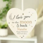 Personalised 'I Love You To The Moon & Back' Hanging Wooden Heart Decoration - Image 2