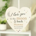 Personalised 'I Love You To The Moon & Back' Hanging Wooden Heart Decoration - Image 3