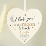 Personalised 'I Love You To The Moon & Back' Hanging Wooden Heart Decoration - Image 4