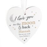 Personalised 'I Love You To The Moon & Back' Hanging Wooden Heart Decoration - Image 5