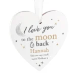 Personalised 'I Love You To The Moon & Back' Hanging Wooden Heart Decoration - Image 5