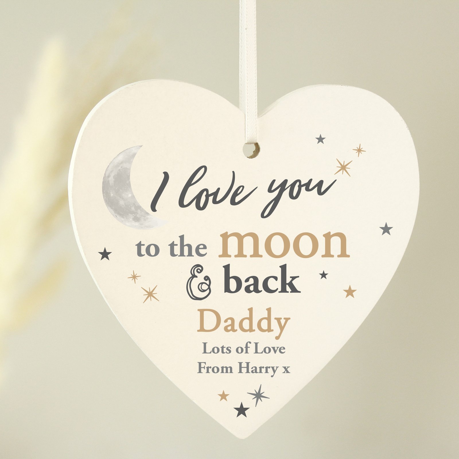 P1011A96 Personalised 'I Love You To The Moon & Back' Hanging Wooden Heart Decoration Personalised 'I Love You To The Moon & Back' Hanging Wooden Heart Decoration - Image 1