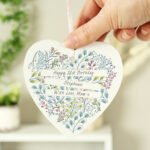 Personalised Botanical Scroll Design Hanging Wooden Heart Shaped Decoration - Image 2