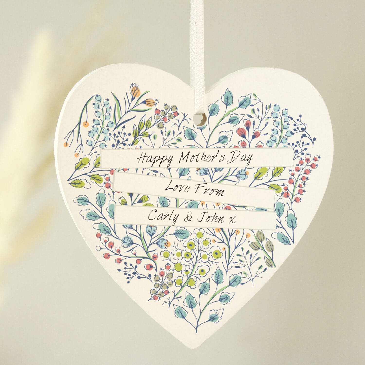P1011B38 Personalised Botanical Scroll Design Hanging Wooden Heart Shaped Decoration Personalised Botanical Scroll Design Hanging Wooden Heart Shaped Decoration - Image 1